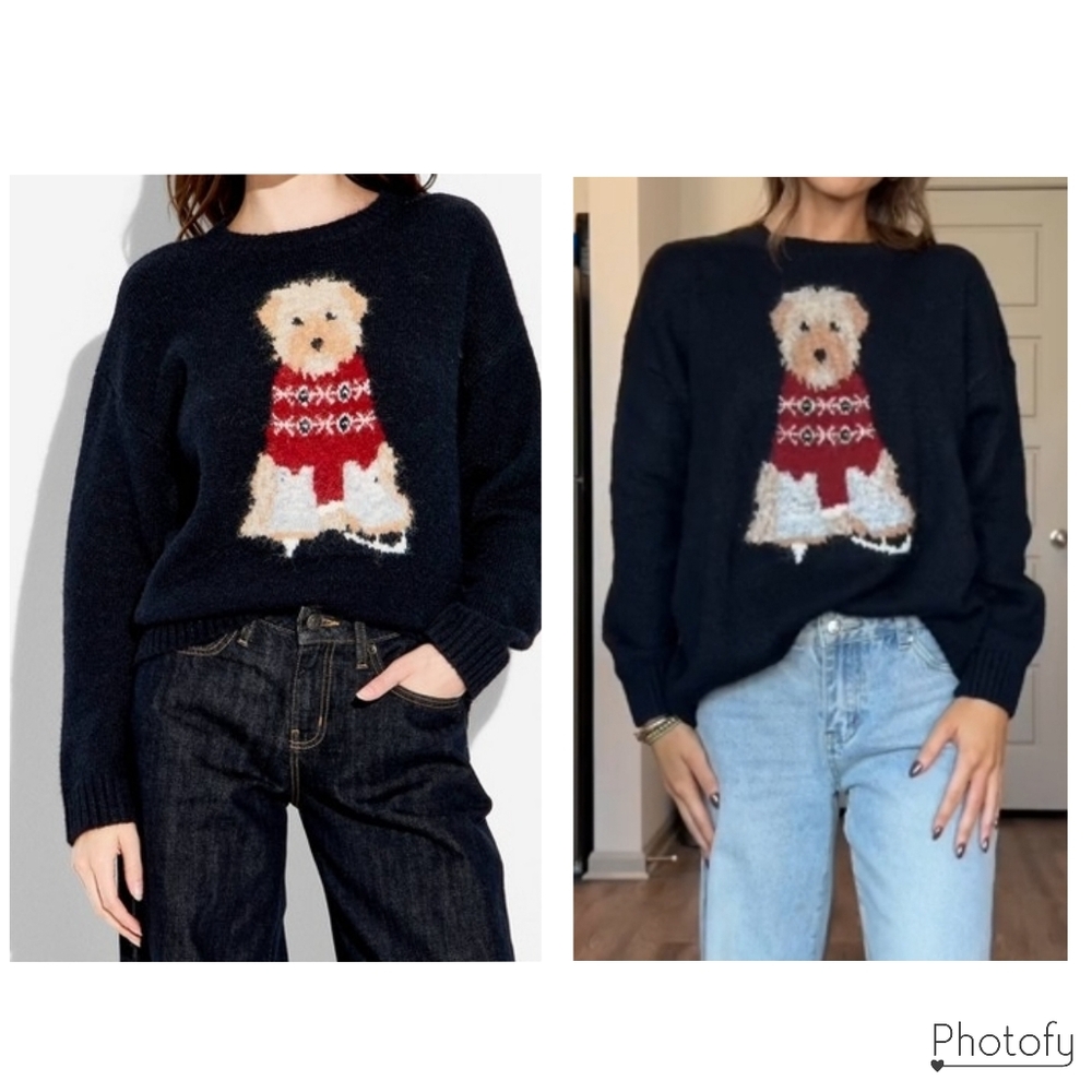 NWT Womens Wild Fable Crewneck Heritage Navy Blue Dog Ice Skates Novelty Sweater